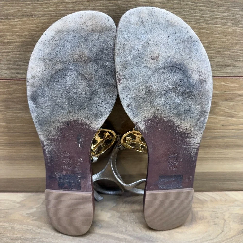 Tory Burch Gold T Strap Sandals Womens 11 M Leather Rhinestones Chic Travel